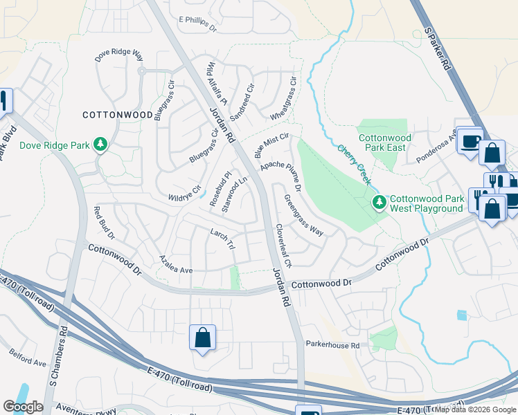 map of restaurants, bars, coffee shops, grocery stores, and more near 8758 Snowbird Way in Parker