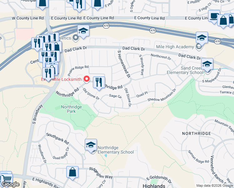 map of restaurants, bars, coffee shops, grocery stores, and more near 633 Sage Circle in Littleton