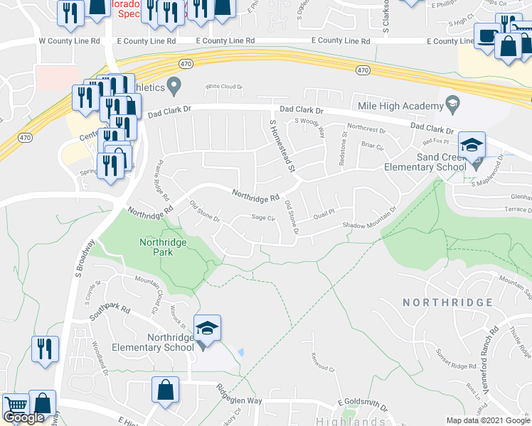 map of restaurants, bars, coffee shops, grocery stores, and more near 633 Sage Circle in Littleton