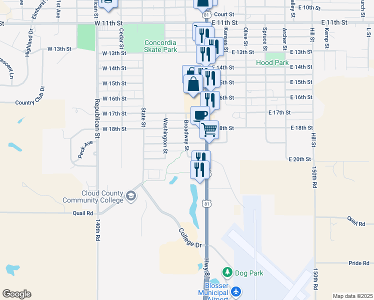 map of restaurants, bars, coffee shops, grocery stores, and more near 1911 Broadway Street in Concordia