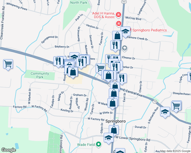 map of restaurants, bars, coffee shops, grocery stores, and more near 35 Edgebrooke Drive in Springboro