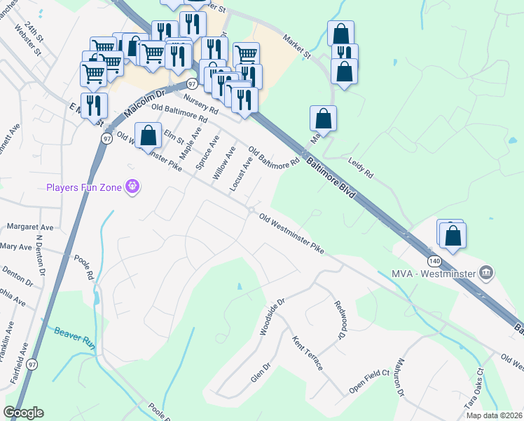 map of restaurants, bars, coffee shops, grocery stores, and more near 712 Old Westminster Pike in Westminster