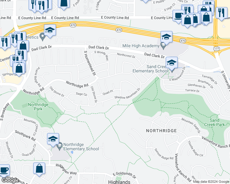 map of restaurants, bars, coffee shops, grocery stores, and more near 1002 Quail Place in Littleton
