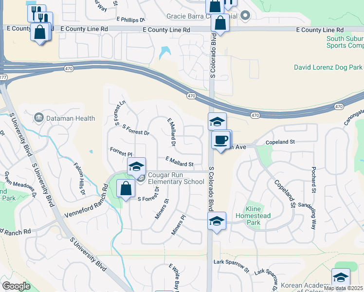 map of restaurants, bars, coffee shops, grocery stores, and more near 8731 South Mallard Place in Littleton