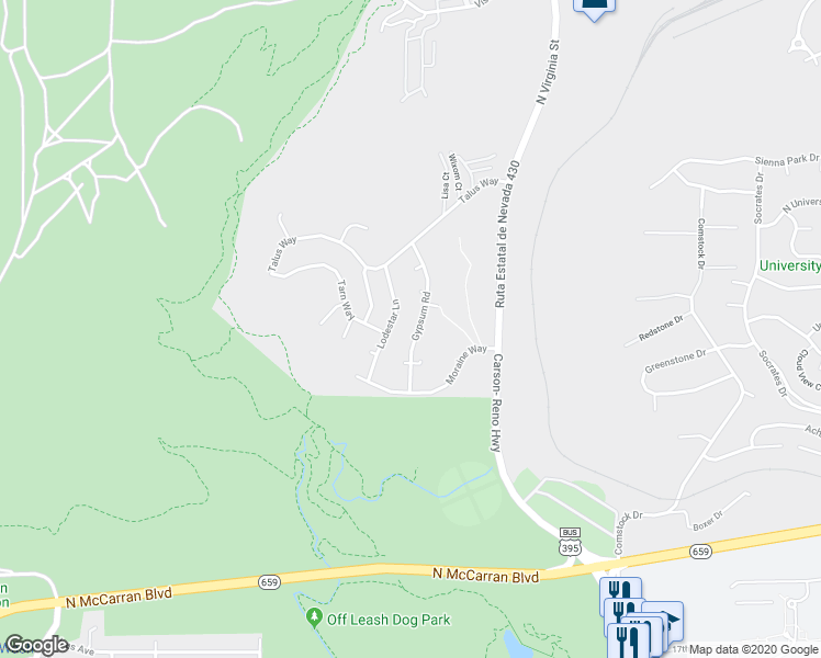 map of restaurants, bars, coffee shops, grocery stores, and more near 3375 Gypsum Road in Reno