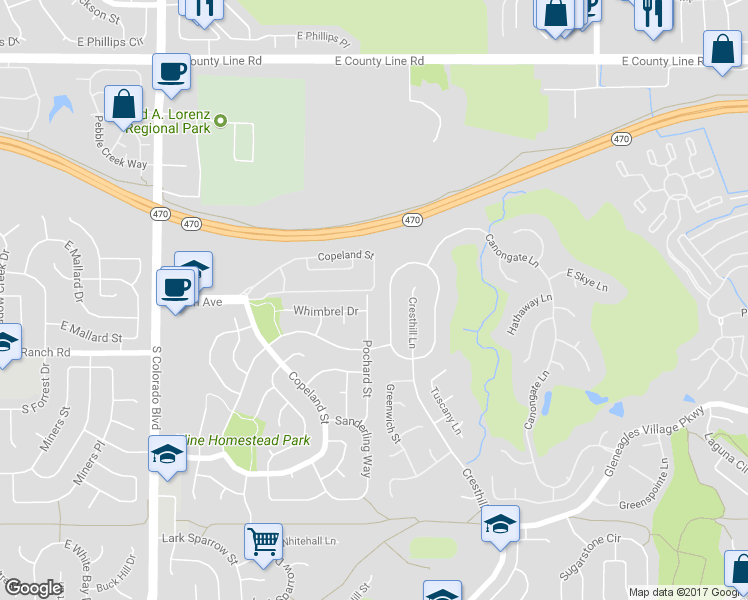 map of restaurants, bars, coffee shops, grocery stores, and more near 8714 Pochard Street in Littleton