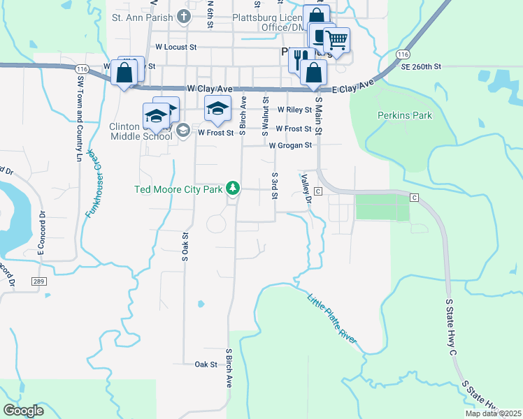 map of restaurants, bars, coffee shops, grocery stores, and more near 609 South Faith Street in Plattsburg