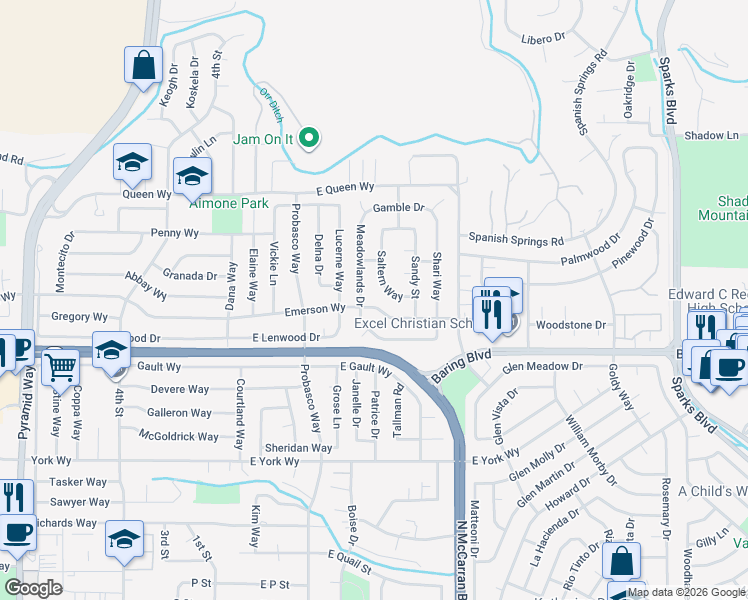 map of restaurants, bars, coffee shops, grocery stores, and more near 382 East Emerson Way in Sparks