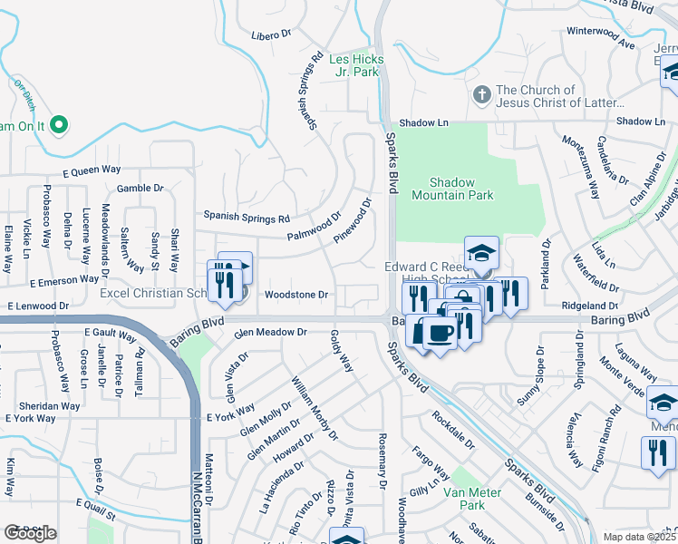 map of restaurants, bars, coffee shops, grocery stores, and more near 1001 Baywood Drive in Sparks