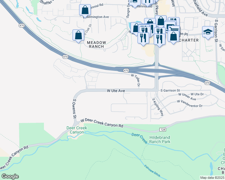 map of restaurants, bars, coffee shops, grocery stores, and more near 10172-10676 West Ute Avenue in Littleton