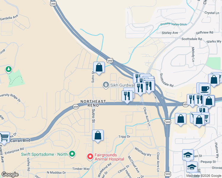 map of restaurants, bars, coffee shops, grocery stores, and more near 1401 Selmi Drive in Reno