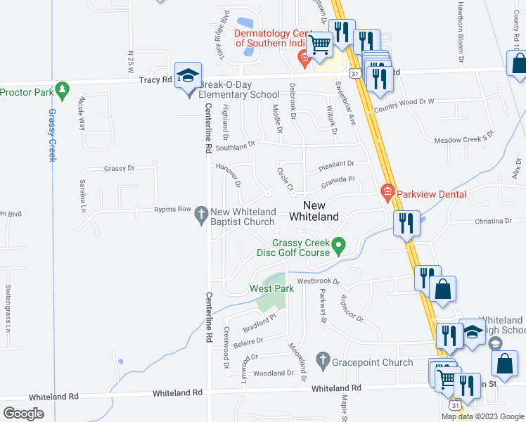 map of restaurants, bars, coffee shops, grocery stores, and more near 142 Hollybrook Drive in Whiteland