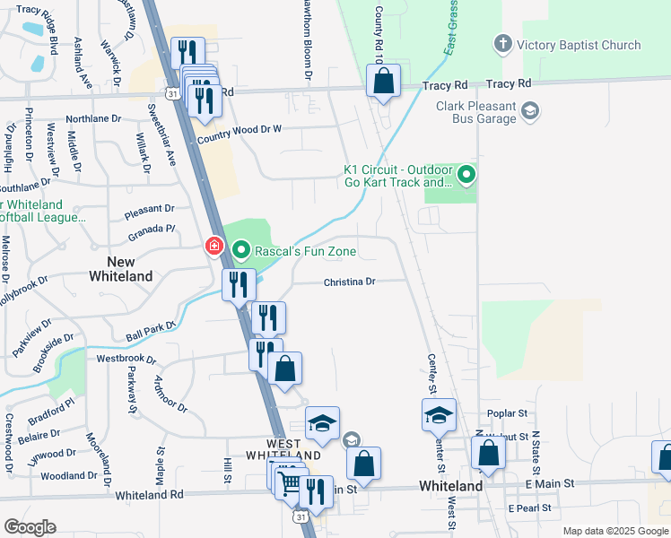 map of restaurants, bars, coffee shops, grocery stores, and more near 249 Lori Ann Drive in Whiteland