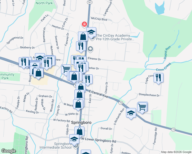 map of restaurants, bars, coffee shops, grocery stores, and more near 65 Elkins Lane in Springboro