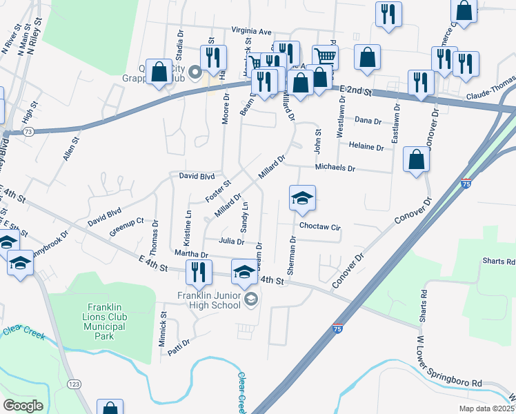 map of restaurants, bars, coffee shops, grocery stores, and more near 431 Beam Drive in Franklin
