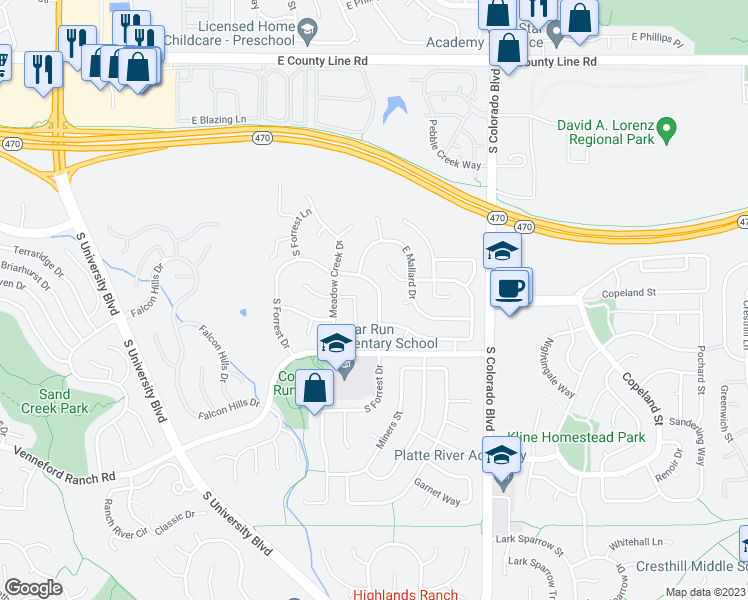 map of restaurants, bars, coffee shops, grocery stores, and more near 8753 South Forrest Drive in Littleton