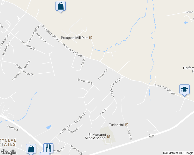 map of restaurants, bars, coffee shops, grocery stores, and more near 2002 Helton Avenue in Bel Air