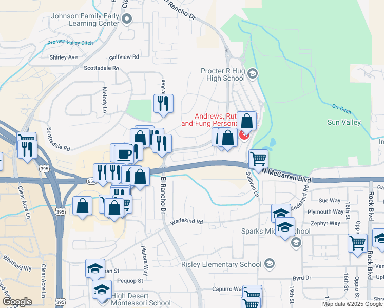 map of restaurants, bars, coffee shops, grocery stores, and more near 3052 Sterling Ridge Circle in Sparks