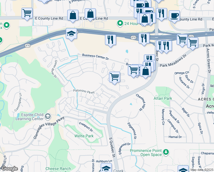 map of restaurants, bars, coffee shops, grocery stores, and more near 6700 Palamino Parkway in Littleton