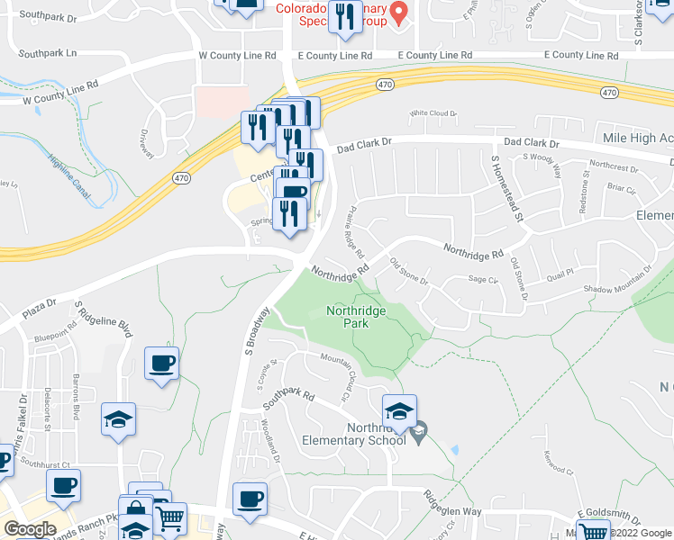 map of restaurants, bars, coffee shops, grocery stores, and more near 30 Jack Rabbit Place in Littleton