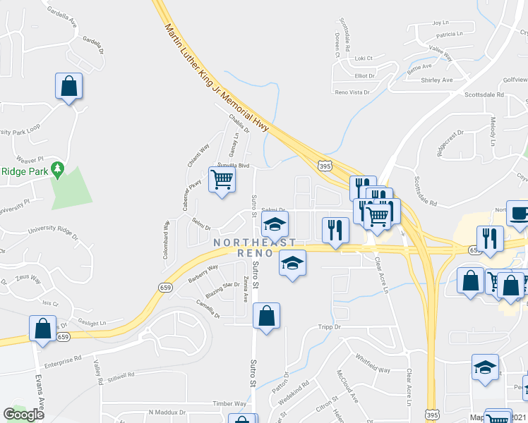 map of restaurants, bars, coffee shops, grocery stores, and more near 1399 Selmi Drive in Reno