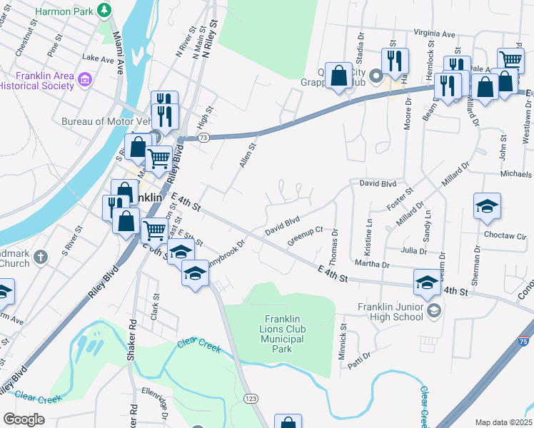 map of restaurants, bars, coffee shops, grocery stores, and more near 327 East 4th Street in Franklin
