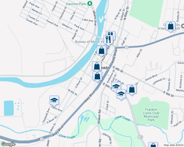 map of restaurants, bars, coffee shops, grocery stores, and more near 543 South Main Street in Franklin