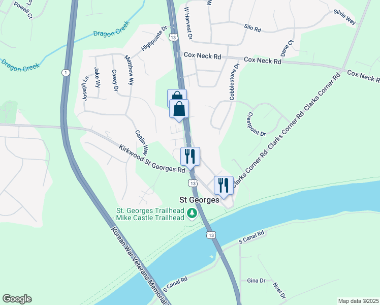 map of restaurants, bars, coffee shops, grocery stores, and more near U.S. 13 in Saint Georges