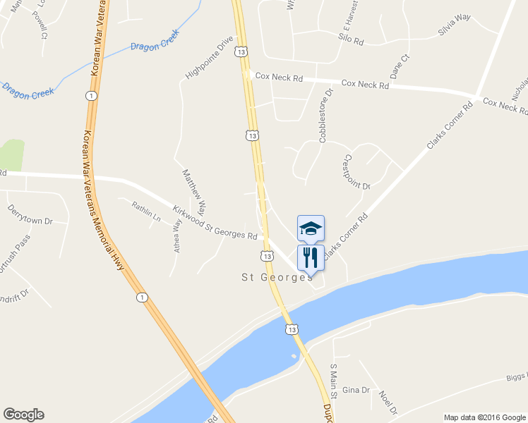 map of restaurants, bars, coffee shops, grocery stores, and more near U.S. 13 in Saint Georges