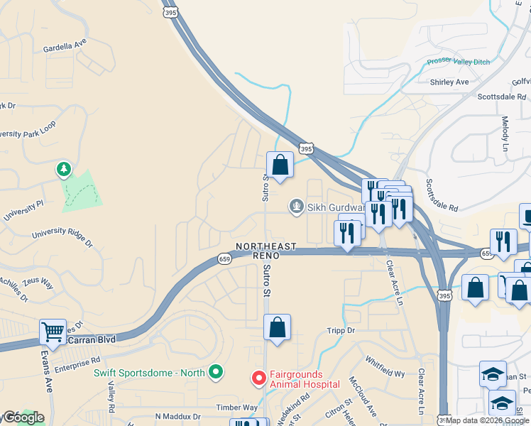 map of restaurants, bars, coffee shops, grocery stores, and more near Sutro St & Selmi Dr in Reno