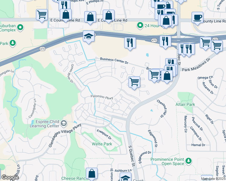 map of restaurants, bars, coffee shops, grocery stores, and more near 8791 South Quebec Street in Highlands Ranch