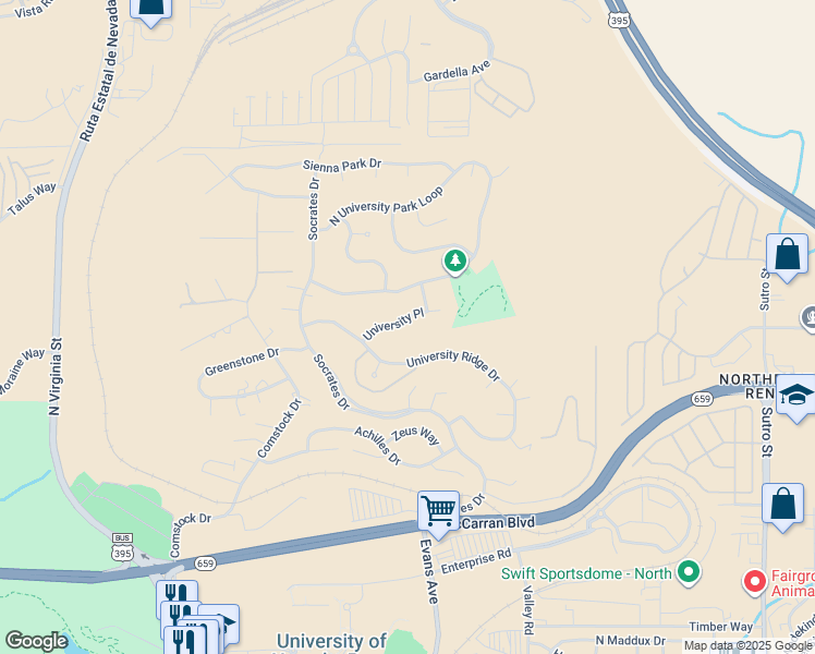 map of restaurants, bars, coffee shops, grocery stores, and more near 956 University Place in Reno