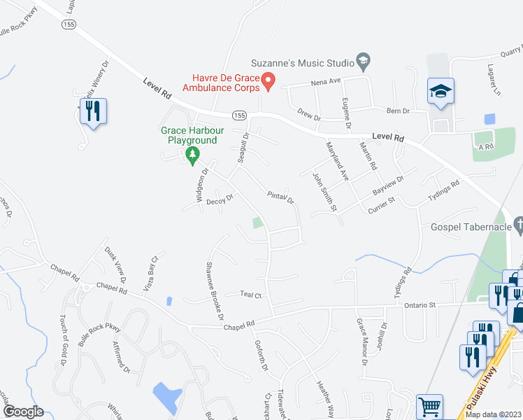 map of restaurants, bars, coffee shops, grocery stores, and more near 223 Canvasback Drive in Havre de Grace