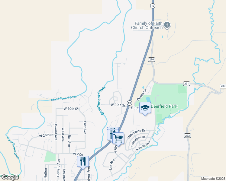 map of restaurants, bars, coffee shops, grocery stores, and more near Clubhouse Court in Rifle