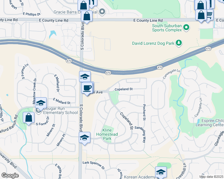 map of restaurants, bars, coffee shops, grocery stores, and more near 4765 Copeland Circle in Littleton