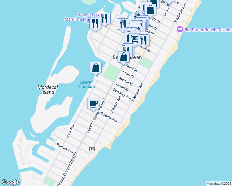 map of restaurants, bars, coffee shops, grocery stores, and more near 714 South Beach Avenue in Beach Haven