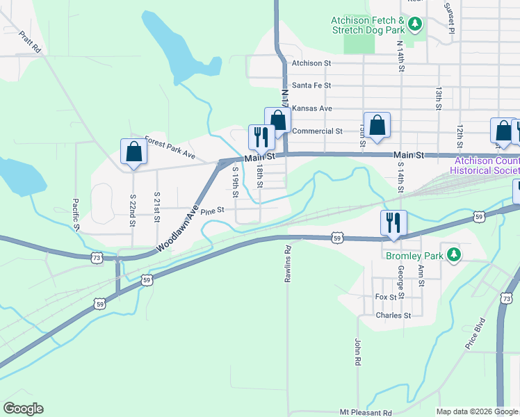 map of restaurants, bars, coffee shops, grocery stores, and more near 1764 Pine Street in Atchison