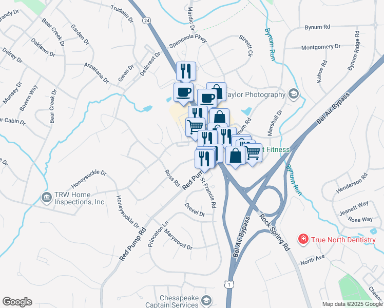 map of restaurants, bars, coffee shops, grocery stores, and more near 106 Meadow Road in Bel Air