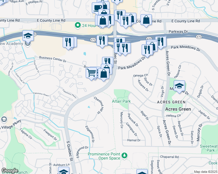 map of restaurants, bars, coffee shops, grocery stores, and more near 8660 South Quebec Street in Lone Tree