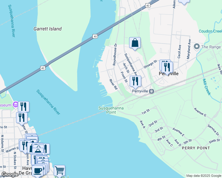 map of restaurants, bars, coffee shops, grocery stores, and more near 7b Owens Landing Court in Perryville