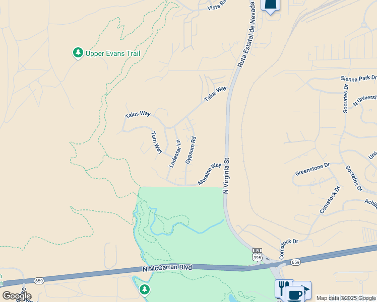 map of restaurants, bars, coffee shops, grocery stores, and more near 3453 Gypsum Road in Reno