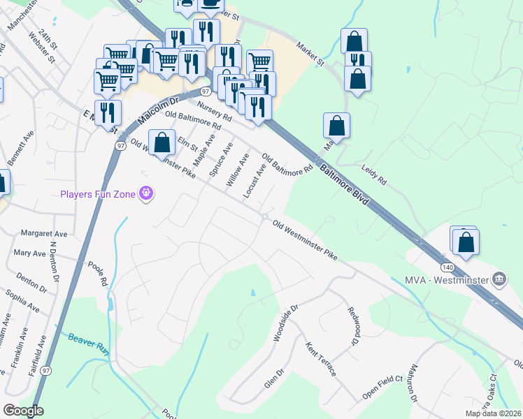 map of restaurants, bars, coffee shops, grocery stores, and more near 700 Old Westminster Pike in Westminster
