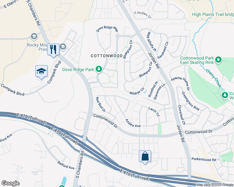 map of restaurants, bars, coffee shops, grocery stores, and more near 16015 Azalea Avenue in Parker
