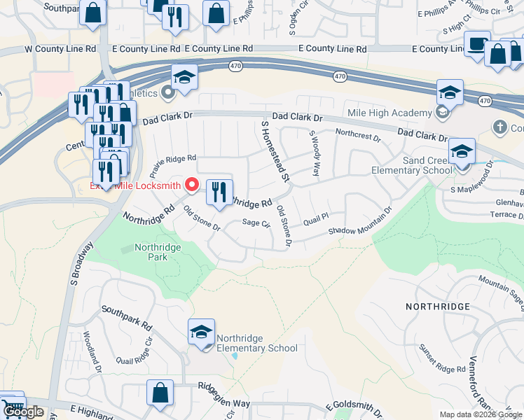 map of restaurants, bars, coffee shops, grocery stores, and more near 736 Northridge Road in Littleton