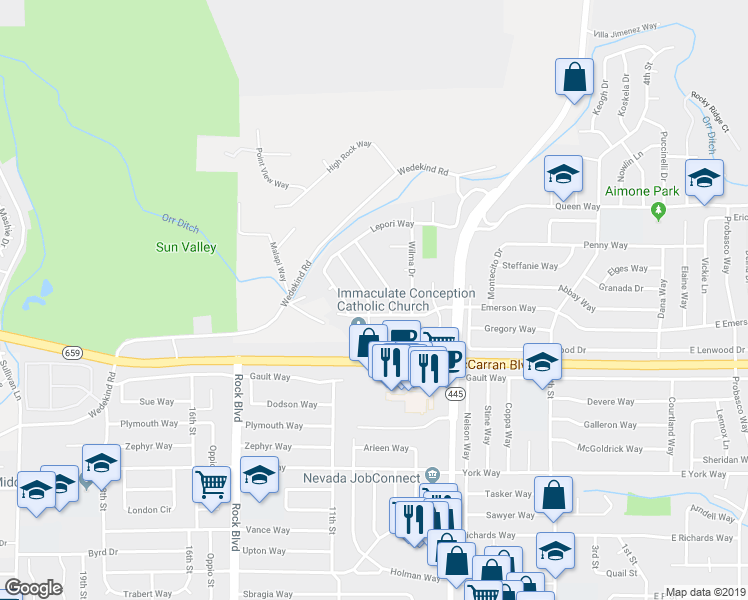 map of restaurants, bars, coffee shops, grocery stores, and more near 3224 Holman Way in Sparks