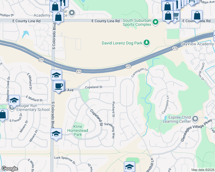 map of restaurants, bars, coffee shops, grocery stores, and more near 4741 Whimbrel Drive in Littleton