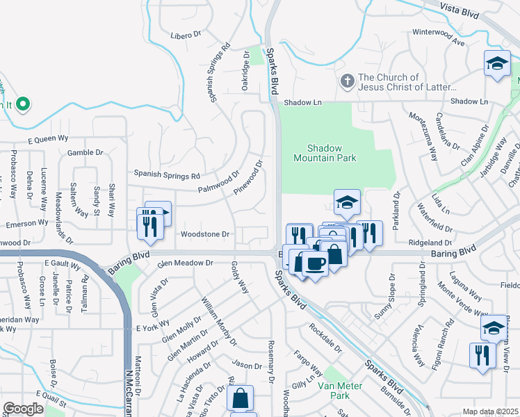 map of restaurants, bars, coffee shops, grocery stores, and more near 1029 Baywood Drive in Sparks