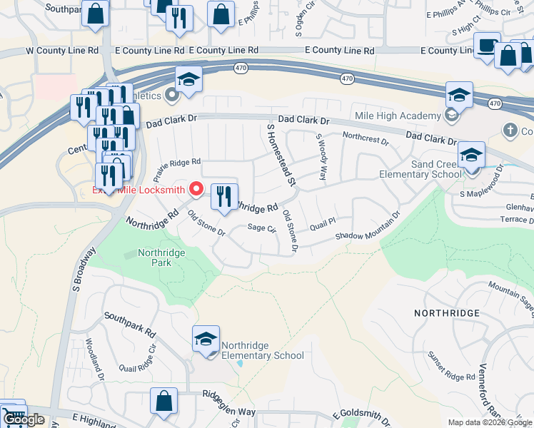 map of restaurants, bars, coffee shops, grocery stores, and more near 736 Northridge Road in Littleton