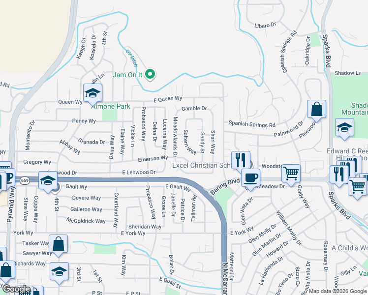 map of restaurants, bars, coffee shops, grocery stores, and more near 382 East Emerson Way in Sparks