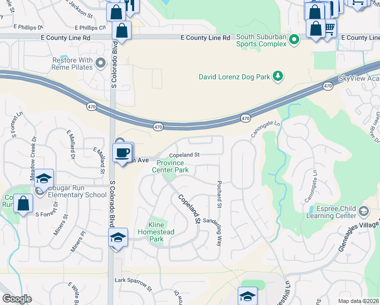 map of restaurants, bars, coffee shops, grocery stores, and more near 4661 Whimbrel Drive in Littleton